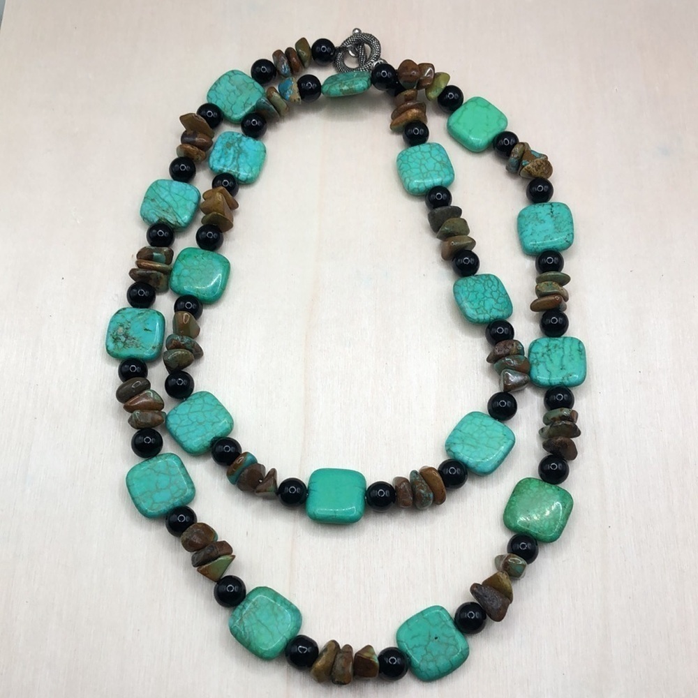 Reconstructed turquoise long statement style beaded necklace-artisan boho.